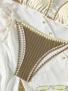 SHEIN Swim SXY 春假女士沙滩装夏季套装，多色拼接扇形花边露脐吊带上衣和侧系带比基尼泳裤性感两件套泳衣，节日波西米亚风 - 彩色 - 查看 6