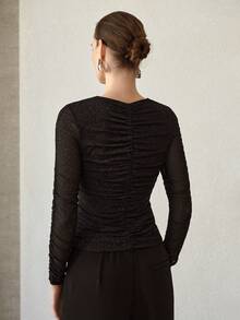 MOTF PREMIUM FASHIONABLE SHINY GATHERED RUCHED DETAIL STRETCHY KNIT LONG SLEEVE T-SHIRT, AUTUMN/WINTER - Black - View 3