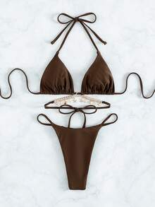 Swim SXY 纯色链条装饰比基尼套装，度假沙滩装 - 咖啡棕 - 查看 6