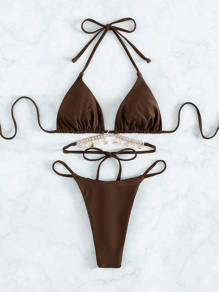 Swim SXY Summer Beach Lace Up Halter Triangle Bikini | SHEIN USA