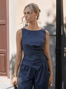 Opuloom Women's Striped Woven One-Shoulder Wrap Shirt With Ruched Side Tie Bow And Asymmetric Hem, Paired With Straight Leg Pants, Business/Office/Casual Wear, Spring/Summer - Multicolor - View 4