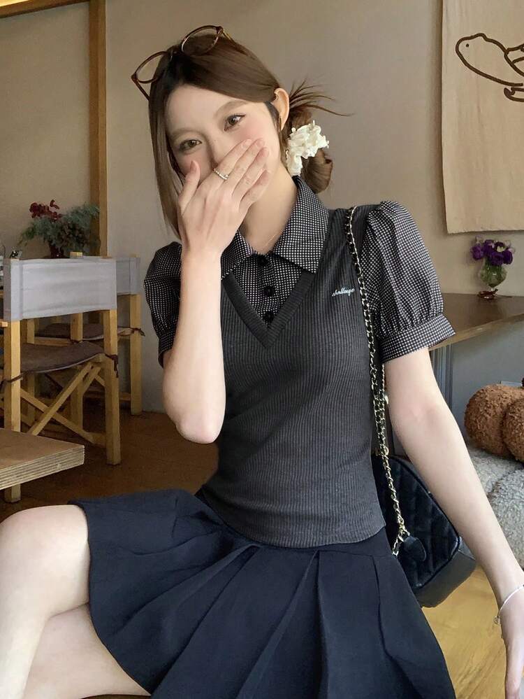 Women's Polo Collar Contrast Plaid Casual T-Shirt, Spring/Summer