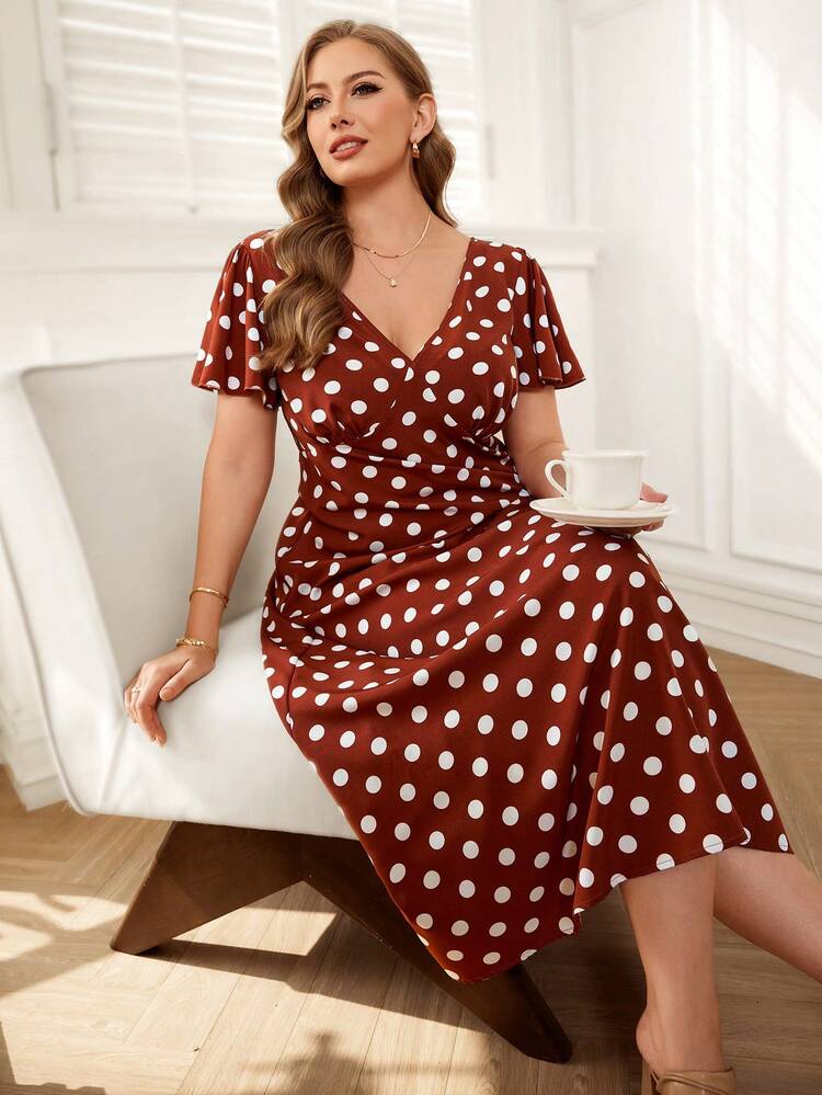 Plus Size Women's Casual Polka Dot Print V-Neck Dress, Summer Polka Dot Dresses For Women Summer Outfits Beach Outfit For Women Summer Holiday Outfits Casual Outfit For Women Formal Attire For Women Elegant Long Dress Summer Outfit For Women Beach Vacation Outfits Graduation Dress Women Wedding Guest Dress Polka Dot Dresses For Woman