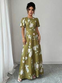 Elenzga Đầm nữ thanh lịch, lãng mạn, tay bồng, cổ tròn, thắt eo, in kỹ thuật số. - Nhiều màu - Xem 3