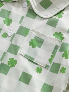 2 pièces Ensemble de pyjama confortable pour jeune garçon avec cardigan col à carreaux verts et blancs, imprimé trèfle, manches longues et pantalon - Vert - Voir 5