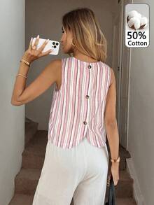 SHEIN LUNE 女士休闲条纹纽扣无袖衬衫 夏季女装 夏季上衣 春季女装 外出上衣 度假女装 夏季假期 粉色邮轮女装 背心 度假装 - 彩色 - 查看 3