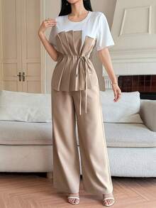 DAZY 2pcs Women Crew Neck Ruched Drawstring Short Sleeve Top And Pants Set - Khaki - View 3