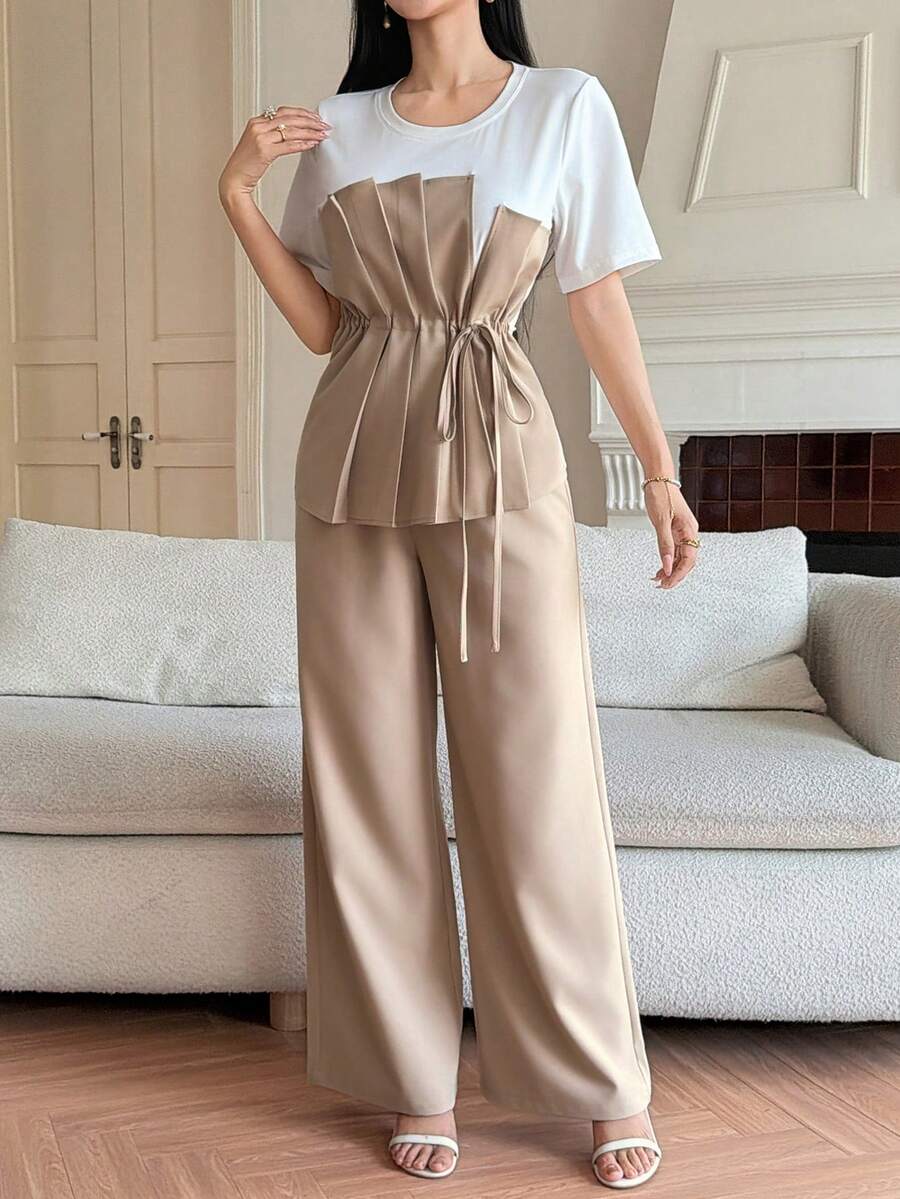 DAZY 两件套女士圆领褶皱抽绳短袖上衣和裤子套装 - 卡其色 - 查看 1
