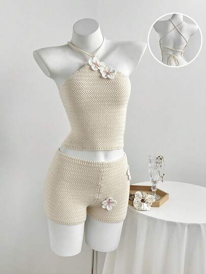 Elamini Women's Summer Fashion Versatile Apricot Spaghetti Strap Floral Knit Shorts & Sweater 2 Pieces Set