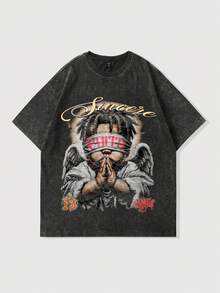 Manfinity EMRG Áo thun nam tay ngắn cổ tròn in chữ thiên thần, kiểu dáng thường ngày, đa năng. - màu đen - Xem 2