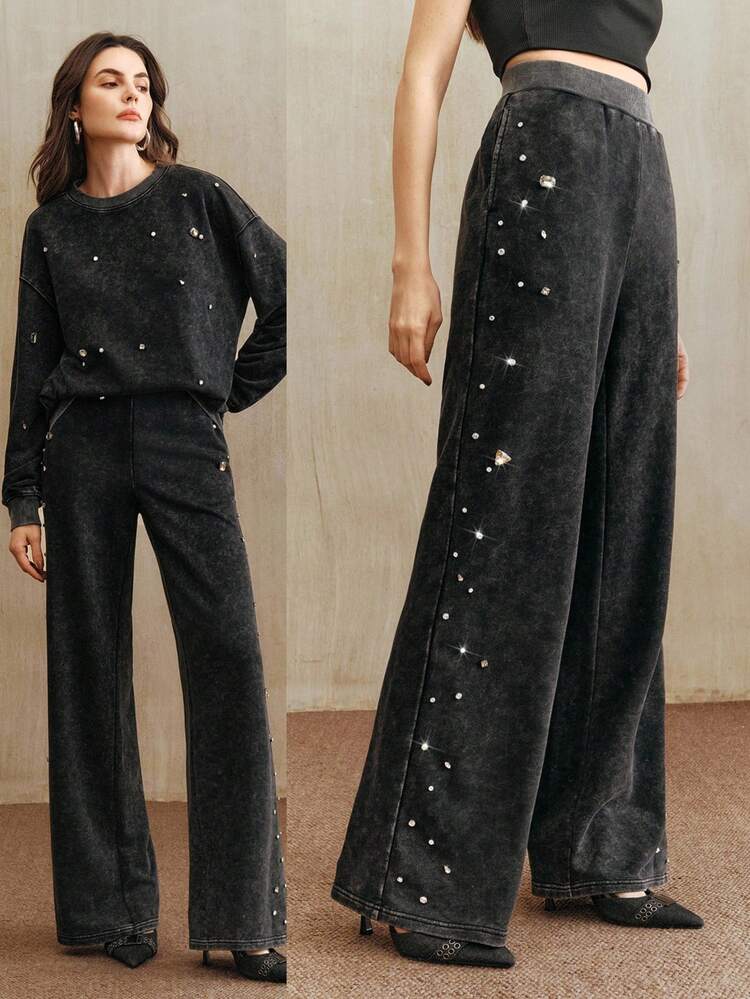 New Fashion Design Women's Asymmetrical Pearl Beaded Straight Leg Casual Sweatpants, Suitable For Festival, Winter, Autumn, Spring, Chic, Black Pants, Stylish Women's Pants