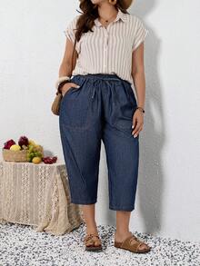 EMERY ROSE Mature Denim 大码女式腰带口袋宽松休闲七分牛仔裤，情人节、夏季、海滩、派对、优雅聚会、外出、春夏度假户外休闲牛仔裤，透气夏季 - 藍色 - 查看 8