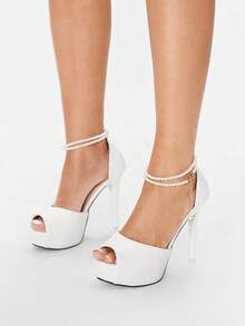 Glitzique Giày cao gót thời trang thu/đông cho nữ, giày cao gót mũi tròn buộc dây đính ngọc trai giả gợi cảm, cỡ lớn, đế xuồng, chống thấm nước, hở mũi, xuân/hè 2025 - trắng - Xem 1