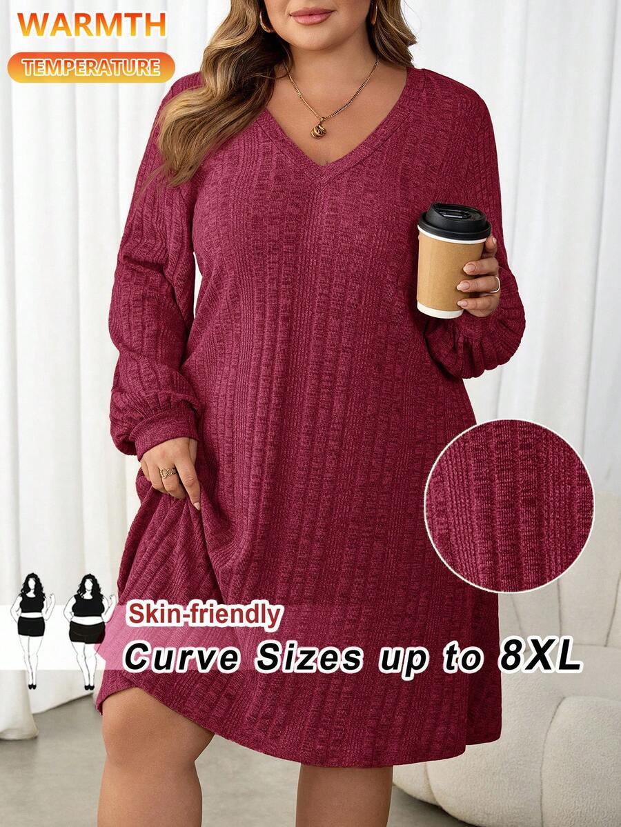 SHEIN CURVE+ Đầm ngắn tay dài cổ chữ V màu nâu, chất liệu dệt kim mềm mại, cỡ lớn dành cho nữ, thích hợp cho mùa thu đông. - Màu Đỏ Sâu - Xem 1