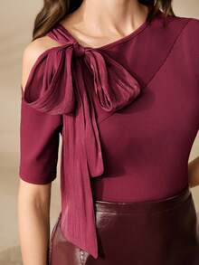 Anewsta 时尚露肩蝴蝶结肩带设计百搭清新女士短袖上衣，红色 - 酒紅色 - 查看 1
