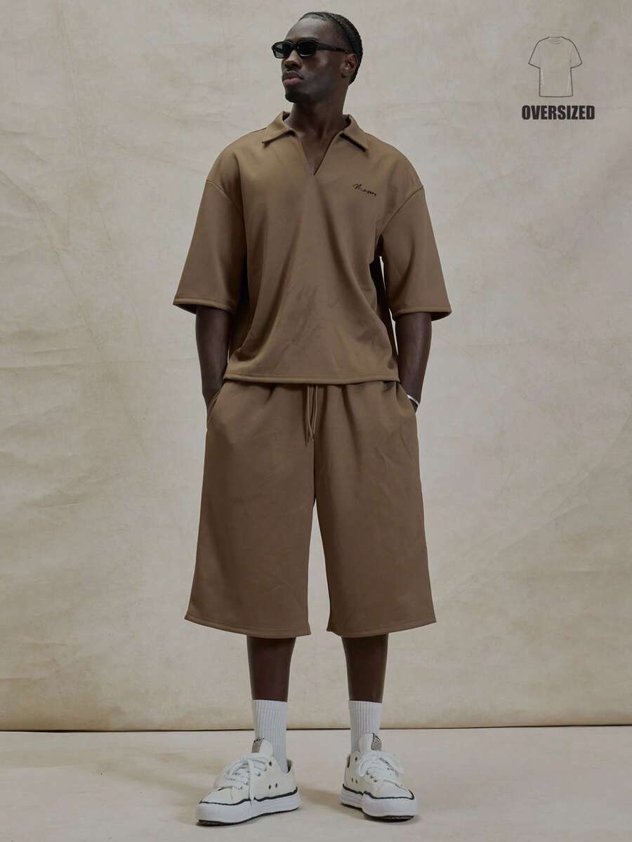 Musero Oversized Short Sleeve Extreme Drop Shoulder Collared V Neck Shirt Top Co Ord Set Basic Style Short Winter Essentials - Brown - View 1