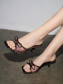 咖啡棕色方头网眼透气露趾高跟凉鞋，百搭简约细高跟凉鞋，适合女士，夏季 - 咖啡棕 - 查看 2