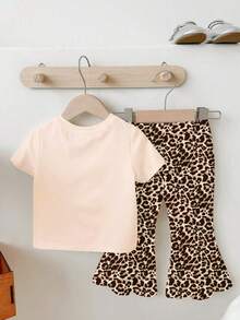 一套女婴可爱猫咪豹纹爱心图案T恤和针织喇叭裤套装，豹纹T恤套装，卡通小猫印花服装，春夏款 - 彩色 - 查看 2
