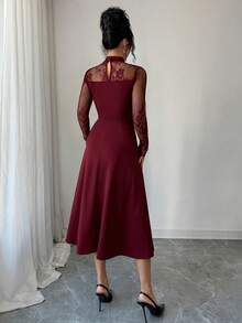 Modelyn Women's Elegant French Style Lace Patchwork Midi Dress, Suitable For Party And Gathering - Burgundy - View 2