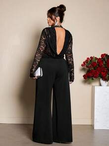 Cravure بدلة نسائية أنيقة بأكمام طويلة مصنوعة من الدانتيل والتريكو باللون الأسود، مع ياقة متدلية وظهر مفتوح للمقاسات الكبيرة - الأسود - مشاهدة 3