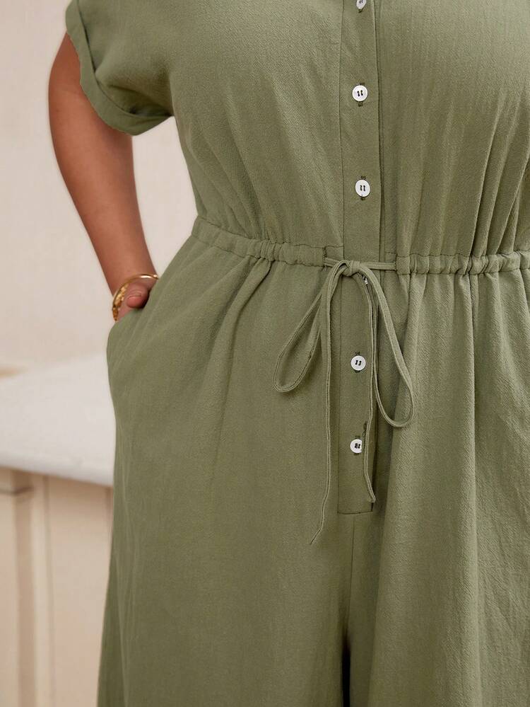 Plus Size Women's Summer Casual Vacation  Solid Military Green Short Sleeve Jumpsuit With Pockets,Early Spring,Spring Break Outfits ,Vacation Outfits Women ,Holiday Outfits For Women,Spring Clothes Women,Going Out Outfits,2026 New Clothes,Simple And Fashionable For Everyday Wear,Boho Jumpsuit,Wide Leg Capri Jumpsuit ,Comfortable And Breathable