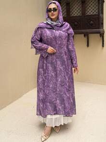 Dazy Plus 2pcs Floral Print Chiffon Scarf, Vacation Style Shirt - Purple - View 6