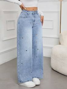 SHEIN Tall Women's Fashionable Casual Washed Metallic Denim Jeans, Autumn - Blue - View 4