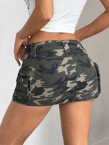 SHEIN Tall Summer Tall Women's Camouflage Print Multi-Pocket Casual Sexy Summer Outfits For Women Denim Skirt - Army Green - View 2