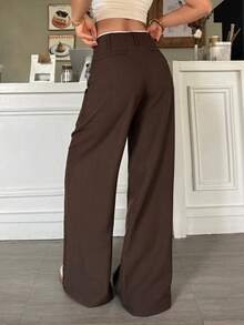 FavEase Pantalones rectos de pierna versátiles y de negocios para mujer, con diseño de empalme de cintura de alta gama que estilizan, pantalones largos de color marrón oscuro - Marrón - Ver 2