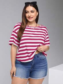 SHEIN Essnce Tricou de vară pentru femei plus size, casual, lejer, cu dungi, spate fără mâneci scurte, îmbrăcăminte de vară pentru femei, topuri drăguțe pentru femei, topuri de vară, top halter, top alb-negru, femei scurte, top scurt, tricou pentru femei, topuri pentru femei, ținute de vară - Roz fierbinte - Vizualizare 3