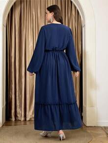 Al Najma Plus Size Women Contrast Lace Tie-Up Fringe Ruched Elegant Waist Lantern Sleeve Party Dress Fall - Navy Blue - View 2