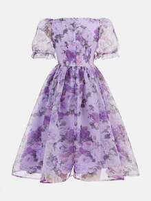 SHEIN Đầm ôm dáng thanh lịch họa tiết hoa tay phồng dành cho bé gái tuổi teen - Màu tím hoa cà - Xem 3