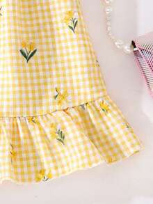 SHEIN 女婴彩色格子印花无袖连衣裙，活力清新设计，适合夏季穿着 - 黃色 - 查看 4