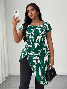 Maweii Blusa casual de manga corta con cuello de pico, estampado geométrico asimétrico, cintura con detalle de torsión y bajo asimétrico para mujer de talla grande - Multicolor - Ver 1