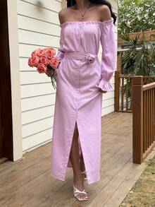 Livesso Rüschen-Saum Taille geraffte einfarbige Sommer Urlaubs Rosa Midi-Kleid für Frauen - Pink - Übersicht 5