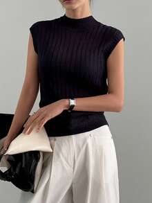 DAZY 女士夏季圆领短袖薄纱露背性感休闲修身针织上衣 - 藏蓝色 - 查看 4