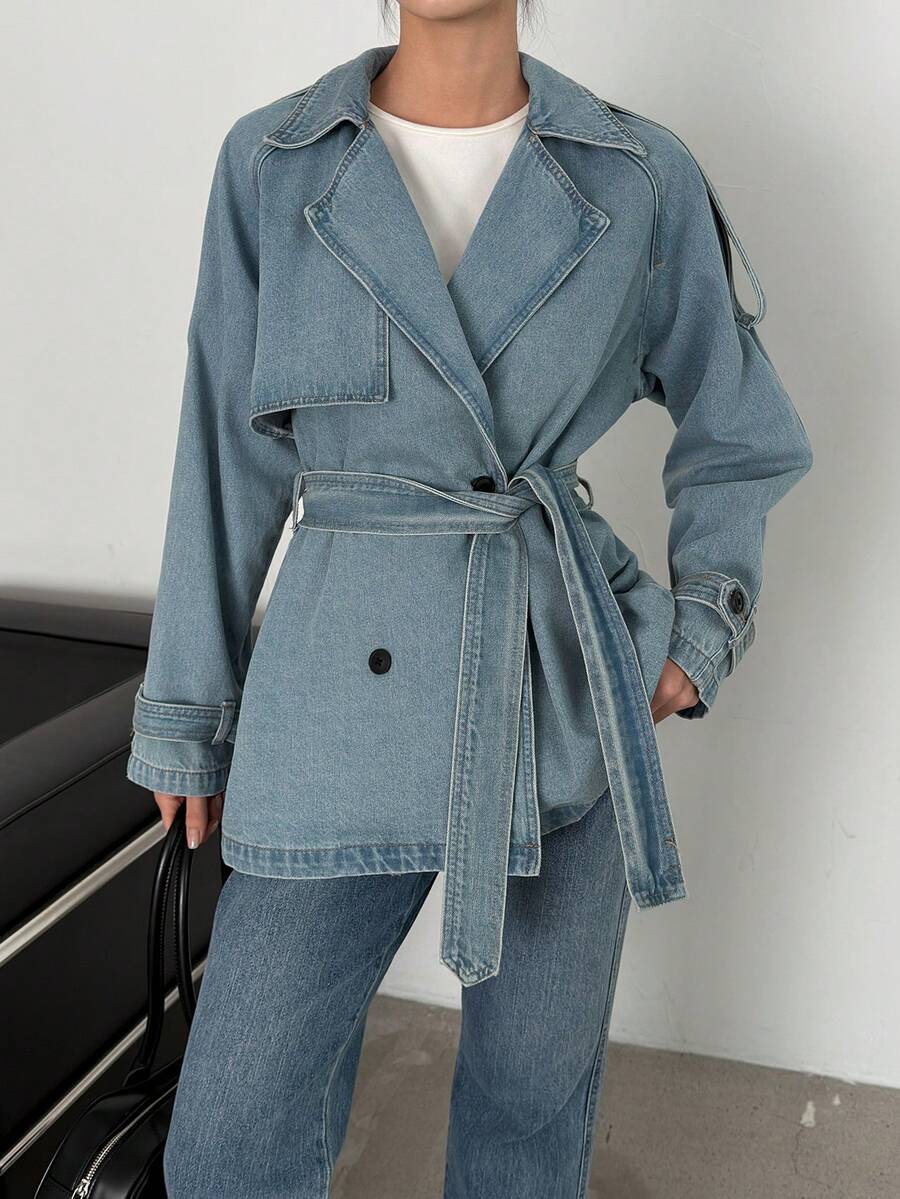 DAZY Women's Lapel Long Sleeve Loose Waist Belt Waist Casual Denim Jacket And Coat - Light Wash - View 1