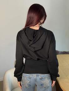 Abrilcols 女式棕色连帽束腰长袖运动衫，秋冬款 - 黑色 - 查看 2