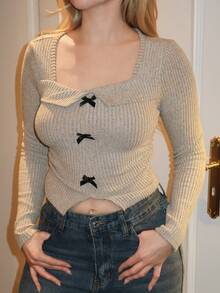 Turnttoni 女士方领蝴蝶结不对称长袖T恤 - 杏色 - 查看 3