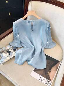GlowEve Blue Organza Semi-Sheer Beaded Elegant Women Blouse - Blue - View 2