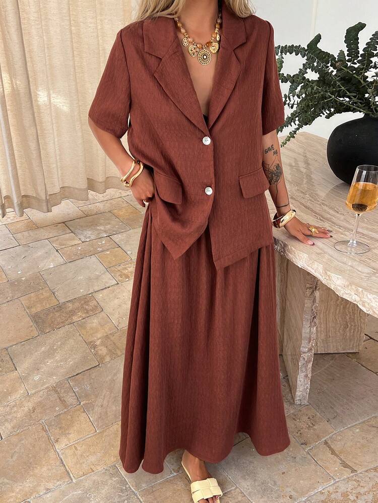 Women's Casual Textured Pocket Blazer Jacket And Skirt 2 Pieces Set, Spring/Summer