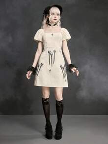 ROMWE Goth Spring/SummergraphicWomen's Dark Skull, Nail, Cross Print Mini Skater Dress, Spring/Summer - White - View 1