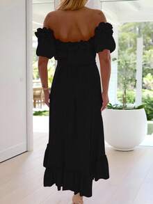 SHEIN Clasi Gaun Elegan Berwarna Polos dengan Bahu Terbuka dan Rumbai Asimetris - Hitam - View 2