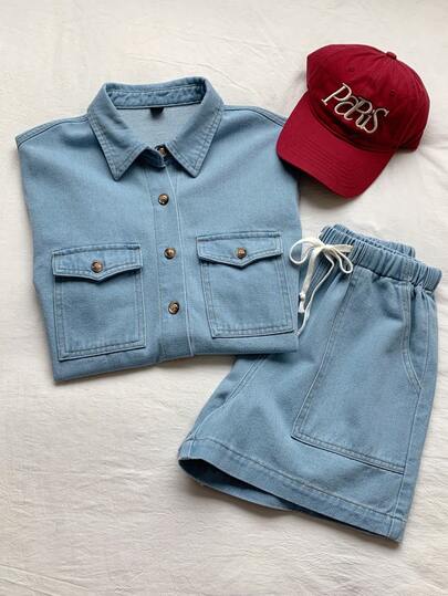 Comfortcana 女士短袖单排扣口袋牛仔衬衫和牛仔短裤休闲套装