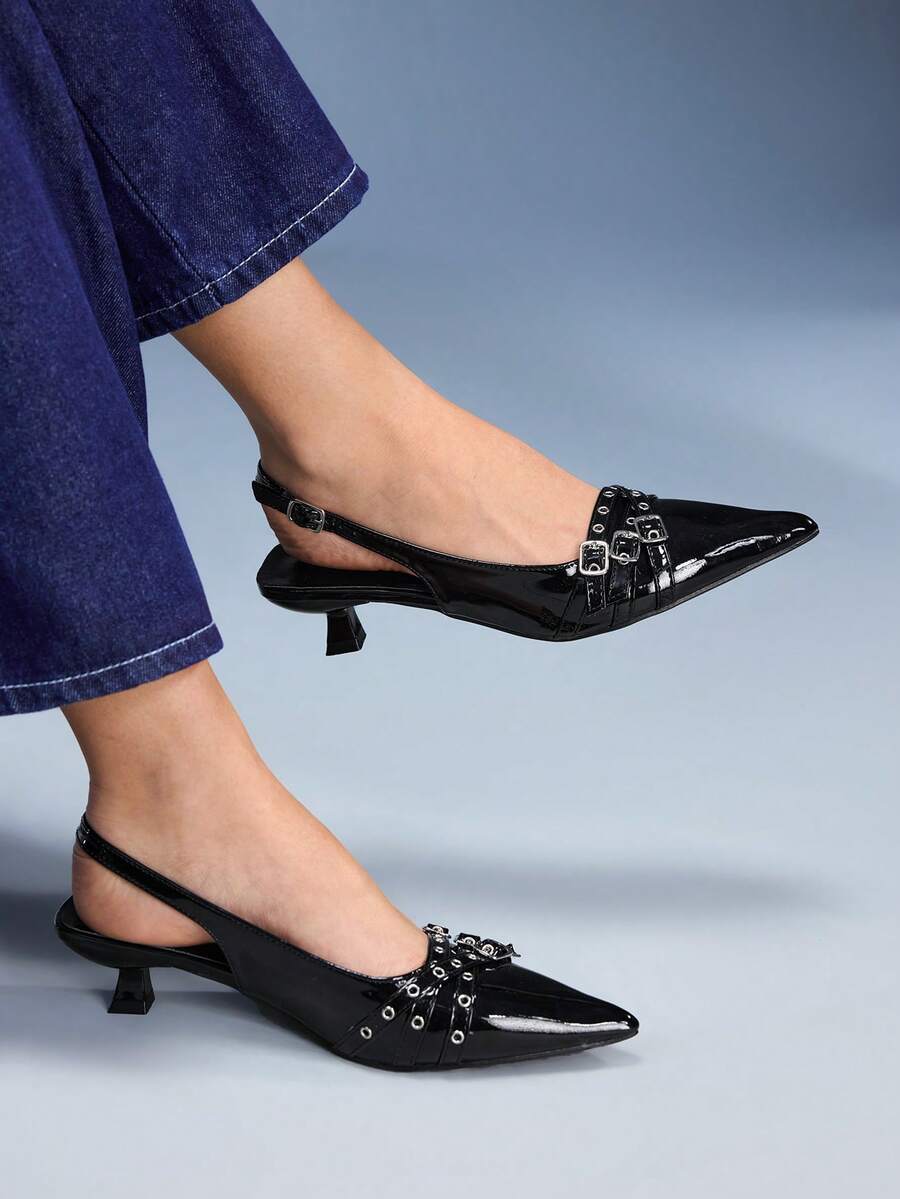 CUCCOO GRLICON Women's Buckle Studded Decor High Heel Pumps - Black - View 1