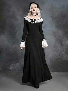 ROMWE SpringGothic Lace Patchwork Long Dress For Women, Spring/Summer - Black - View 8