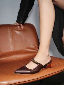 2025秋冬女士极简尖头穆勒鞋，法式粗跟中跟金属鞋头闭趾凉鞋，优雅，女士高跟鞋，优雅 - 棕色 - 查看 6