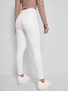 SHEIN ICON Celana Jeans Skinny Fit Kasual Serbaguna Warna Polos dengan Efek Sobek - Putih - View 2