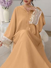 SHEIN Najma Hooded Lace Ribbon Batwing Tassel Dress For Women - Orange - View 6