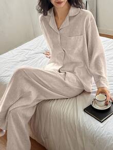 DAZY 2pcs Solid Color Loose Cardigan Long Sleeve Top And Straight Leg Long Pants Pajama Set, Spring Women - Khaki - View 3